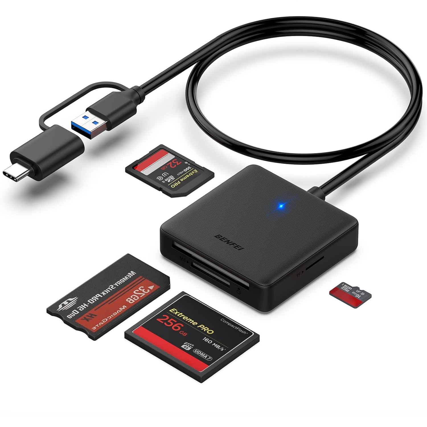 BENFEI čítačka kariet 4 v 1 USB-C USB-A 3.0 pre SD Micro SD MS CF čierna