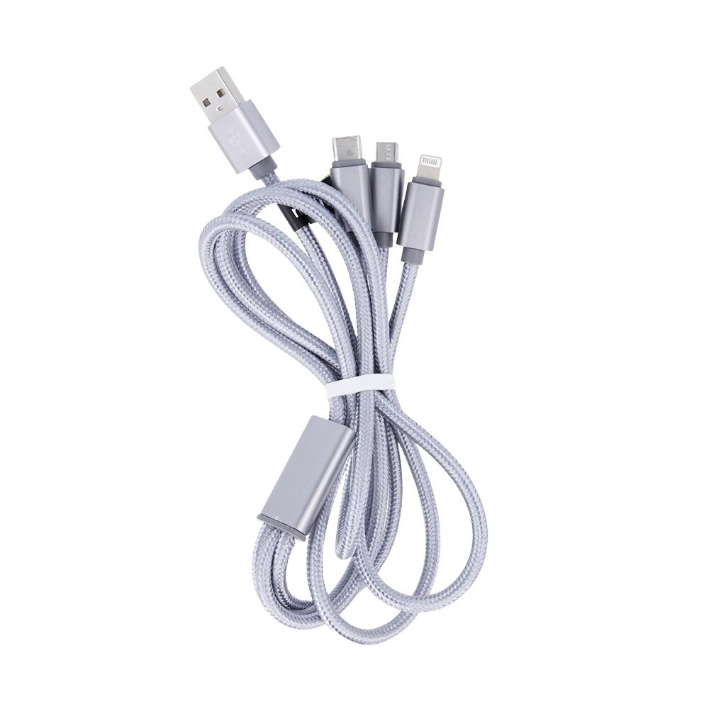 Maxlife 3in1 kábel USB - Lightning + USB-C + microUSB 1,0 m 2,1A sivý nylon OEM001651
