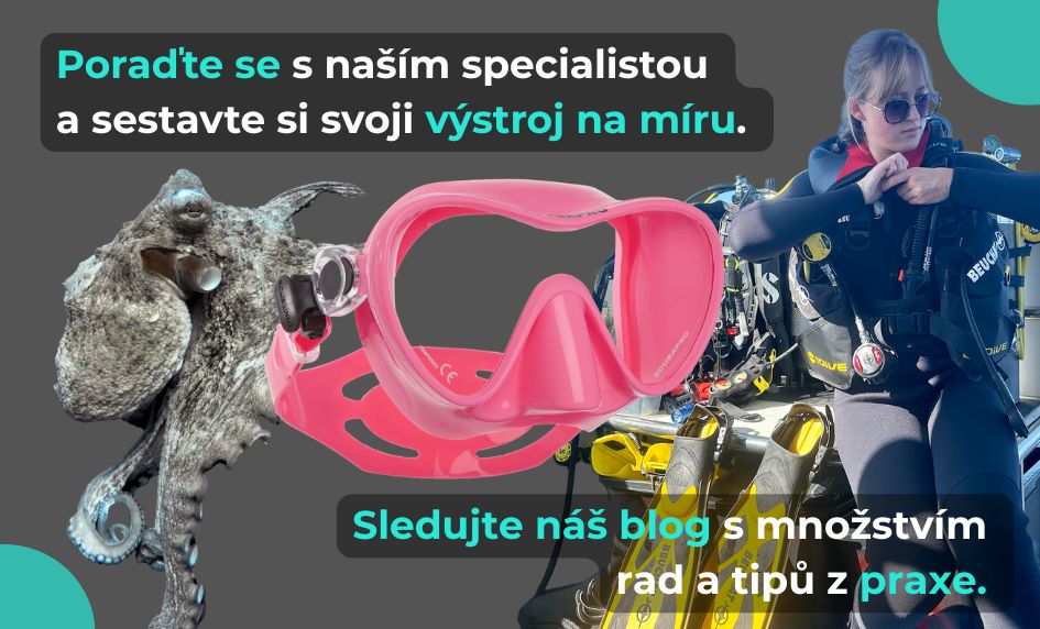 banner od Max Scuba, který kombinuje nabídku prodeje potápěčké výstroje a zájezdů za potápěním