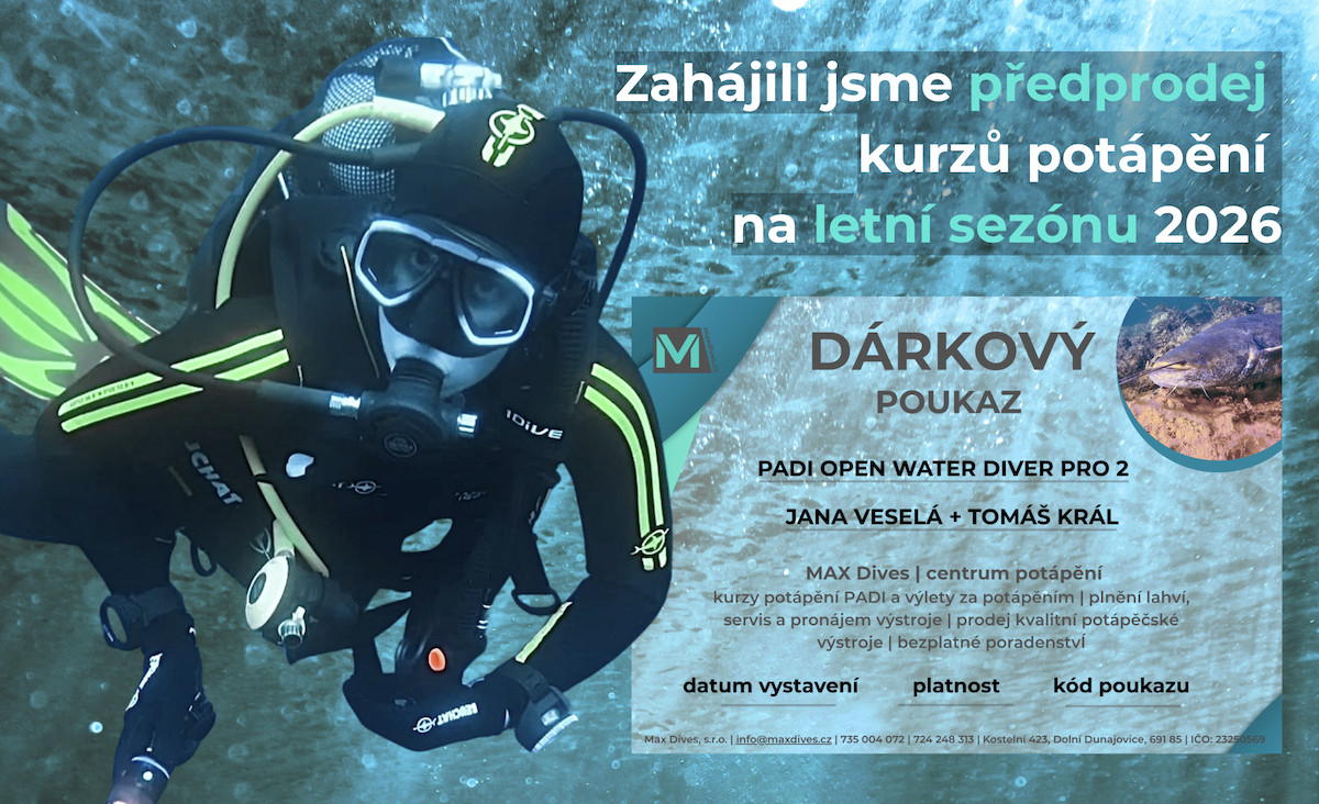 Potápěčka na banneru představující kurz PADI OWD s Max Dives