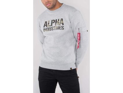 ALPHA INDUSTRIES Mikina Camo Print Sweat - šedá/woodland nápis (176301/382)
