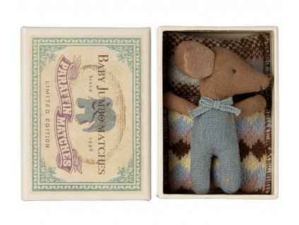 Maileg Myší miminko v krabičce od sirek Blue  Maileg Sleepy wakey baby mouse in matchbox - Blue