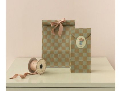 Maileg Papírový sáček Checker Mint/Ocher - velký  Maileg Gift Bag, Medium
