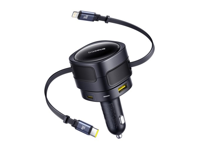 Baseus Enjoyment Max nabíječka do auta s USB-C+Lightning kabely a porty USB-A+USB-C 90W černá