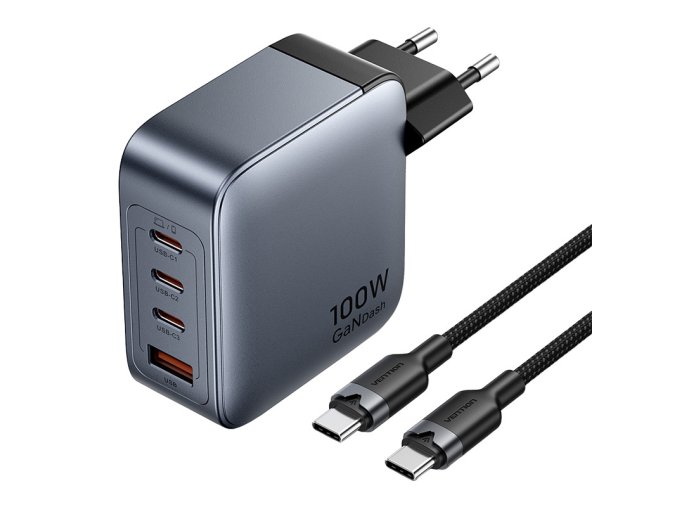 Napájecí nabíječka Vention 3x USB-C, 1x USB-A, (100W/100W/30W/30W) (šedá) s kabelem USB-C na USB-C (1m) (černá)
