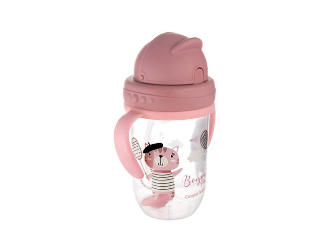 CANPOL 56/607 Dětský hrneček s trubičkou a závažím 270 ml Bonjour Paris červený