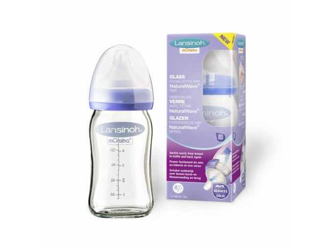 LANSINOH Skleněná láhev na krmení 160 ml + dudlík Natural/Wave