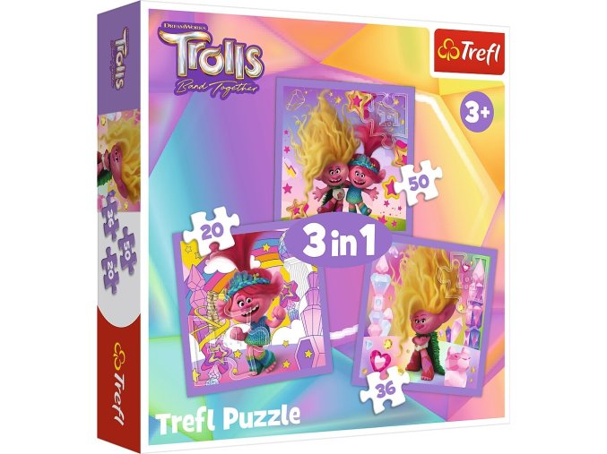 TREFL 34870 Puzzle 3v1 Seznamte se s veselými trolly