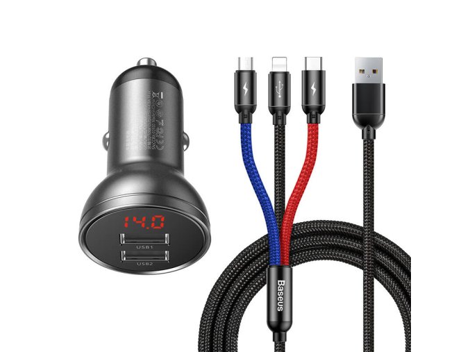 Ładowarka samochodowa Baseus z wyświetlaczem 24W + kabel USB 3w1 Baseus Three Primary Colors 1,2m