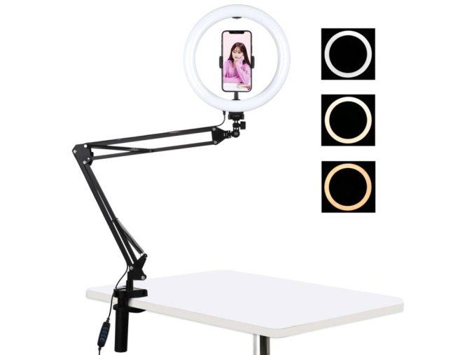 Stojan na rameno stolního počítače Puluz s 26cm LED Vlogging Ring PKT3090B