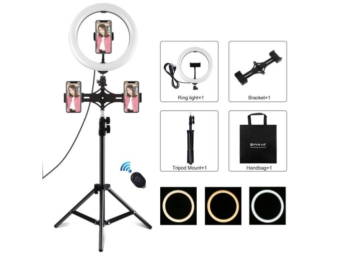 Stativový držák Puluz s 26cm LED kroužkem Vlogging 1,1m PKT3070B