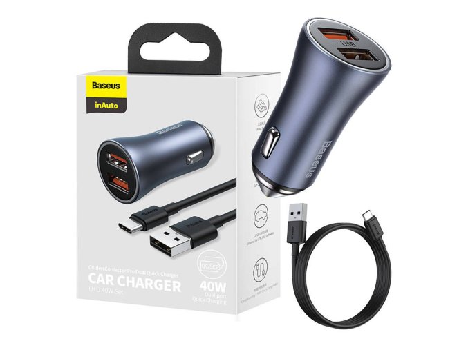 Ładowarka samochodowa Baseus Golden Contactor Pro, 2x USB, 40W (szara) + kabel USB do USB-C 1m (czarny)