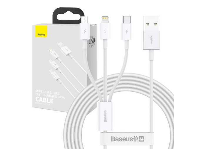 Kabel USB 3v1 Baseus Superior Series, USB na micro USB / USB-C / Lightning, 3,5 A, 1,2 m (bílý)