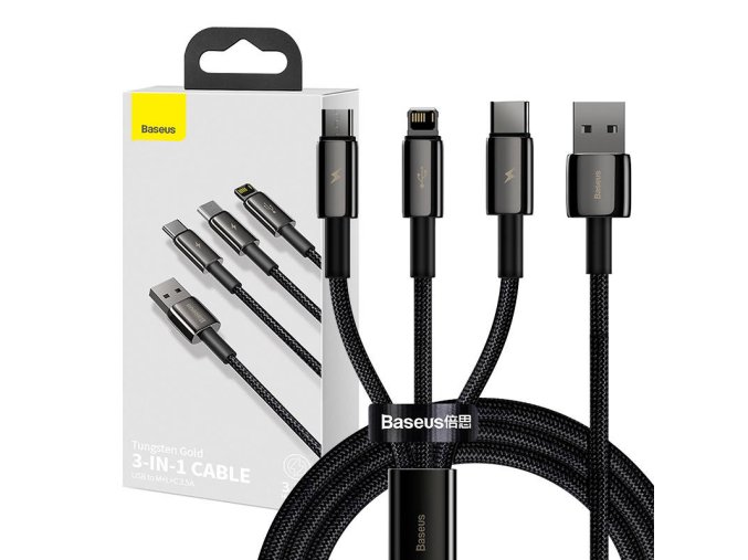 Kabel USB 3v1 Baseus Tungsten Gold, USB na micro USB / USB-C / Lightning, 3,5 A, 1,5 m (černý)