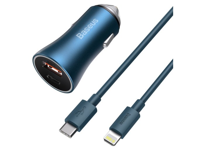 Baseus Golden Contactor Pro nabíječka do auta, USB USB-C, QC4.0 , PD, SCP, 40W (modrá) USB-C - Lightning kabel 1m (modrá)