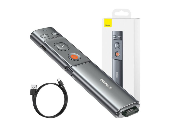 Baseus Orange Dot Multifunkční dálkový ovladač pro prezentace, s laserovým ukazovátkem - šedý