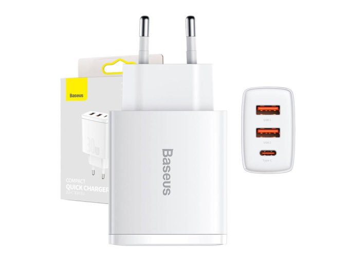 Baseus Compact Quick Charger, 2xUSB, USB-C, PD, 3A, 30W (bílá)