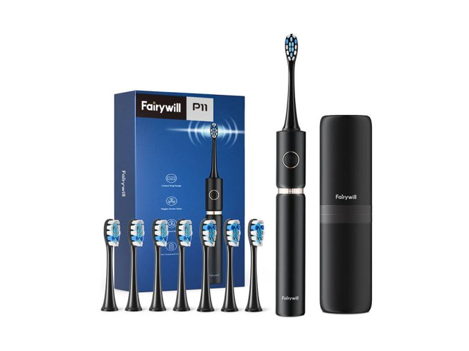 Sonický zubní kartáček se sadou hlavic a pouzdrem FairyWill FW-P11 (černý)