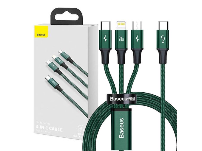 Baseus Rapid Series kabel 3 v 1 USB-C pro M+L+T 20W 1,5m (zelený )