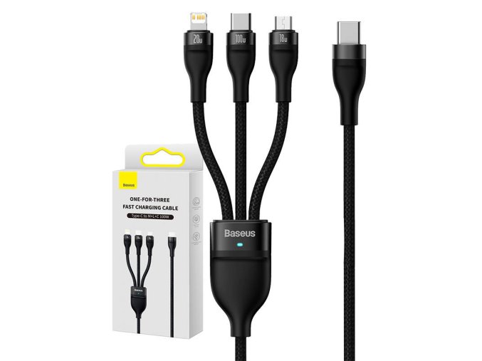 Kabel USB 3v1 Baseus Flash Series 2, USB-C + micro USB + Lightning, 100 W, 1,5 m (černý)