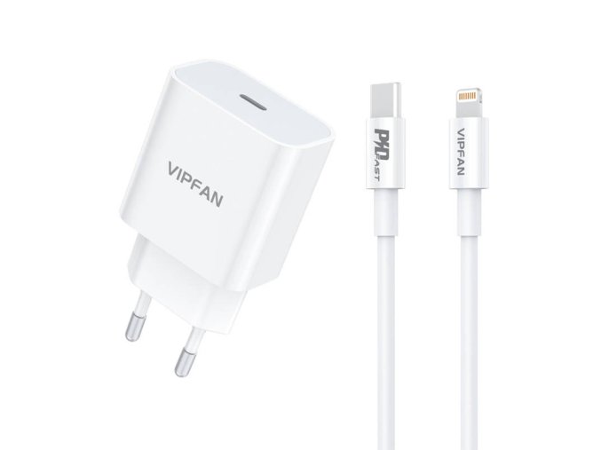 Nástěnná nabíječka Vipfan E04, USB-C, 20W, QC 3.0 + kabel Lightning (bílá)