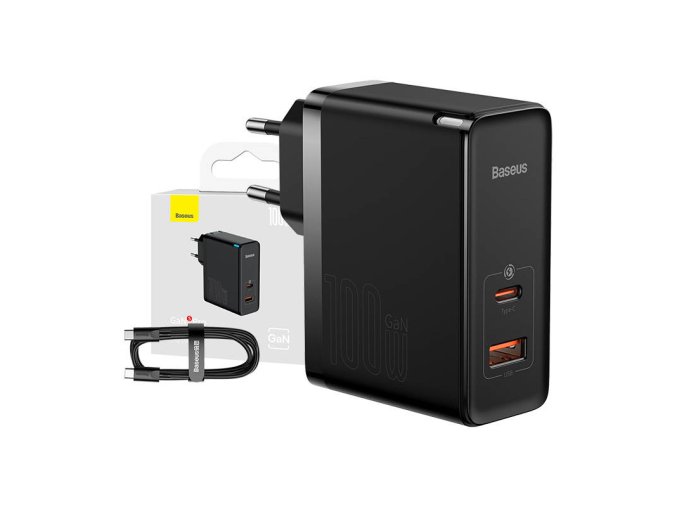 Nástěnná nabíječka Baseus GaN USB-C + USB, 100 W + 1m kabel (černá)