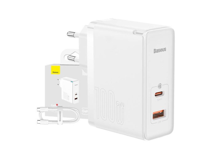 Nástěnná nabíječka Baseus GaN5 Pro USB-C + USB, 100W + 1m kabel (bílá)