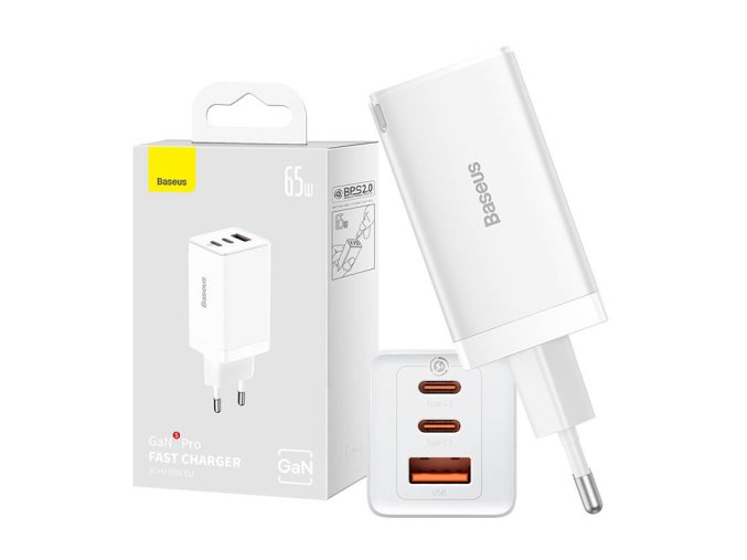 Nástěnná nabíječka Baseus GaN5 Pro 2xUSB-C + USB, 65W (bílá)