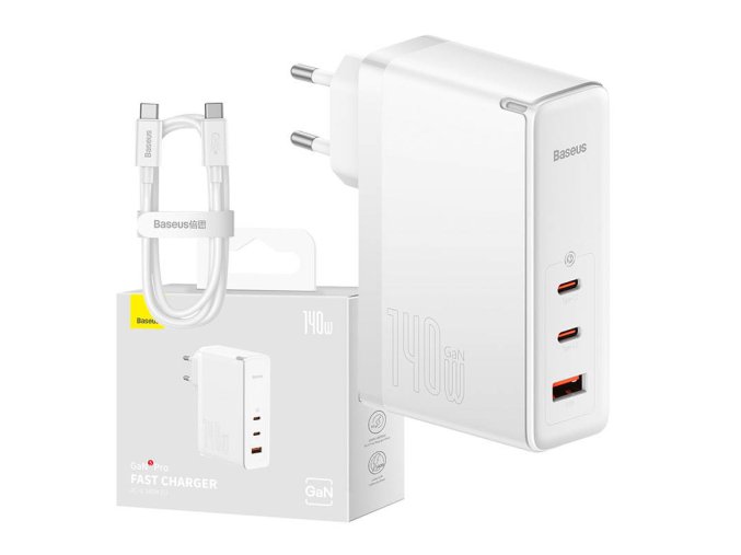 Nástěnná nabíječka Baseus GaN5 Pro 2xUSB-C + USB, 140 W (bílá)