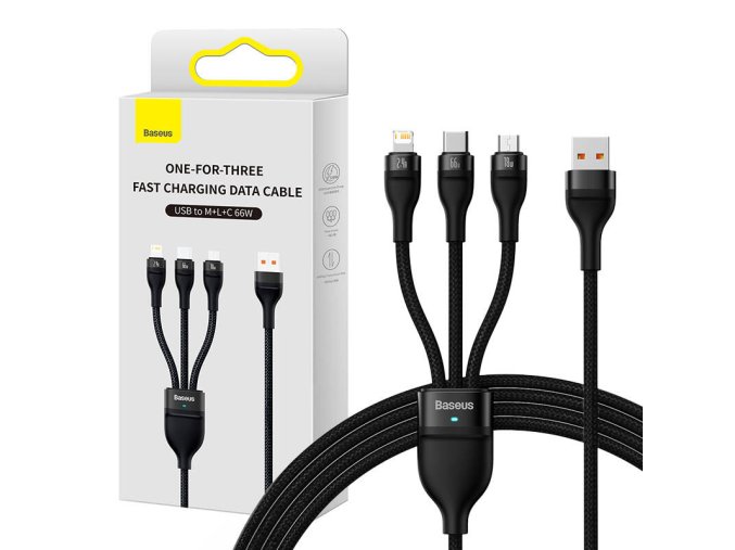 Kabel USB 3v1 řady Baseus Flash II, USB-C + micro USB + Lightning, 66 W, 1,2 m (černý)
