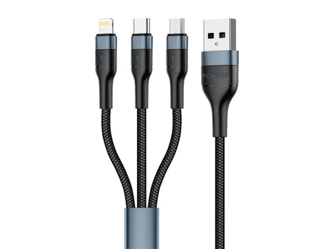 Foneng X51 3v1 USB na USB-C / Micro USB / Lightning kabel, 3A, 1,2m (černý)