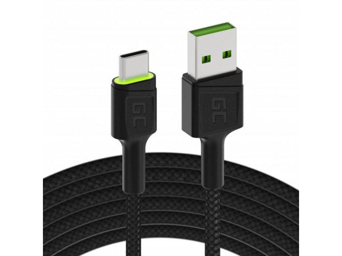 Kabel USB - USB-C Green Cell GC Ray, 120 cm, zelená LED, s funkcí Ultra Charge, QC 3.0