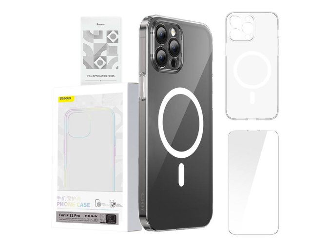 Pouzdro na telefon Baseus Magnetic Crystal Clear pro iPhone 12 Pro (průhledné) s ochranným krytem displeje z tvrzeného skla a čisticí sadou