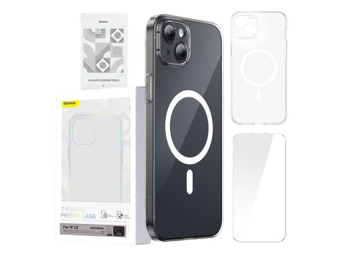 Pouzdro na telefon Baseus Magnetic Crystal Clear pro iPhone 13 (průhledné) s ochranným krytem displeje z tvrzeného skla a čisticí sadou