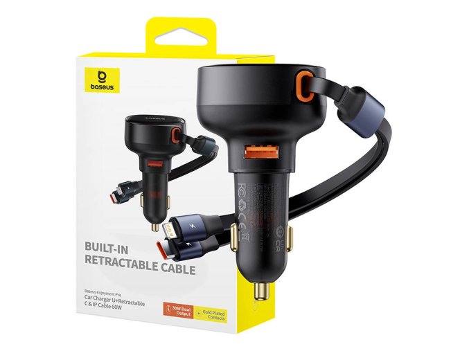 Nabíječka do auta Baseus Enjoyment USB s kabelem USB-C a Lightning 60 W (černá)