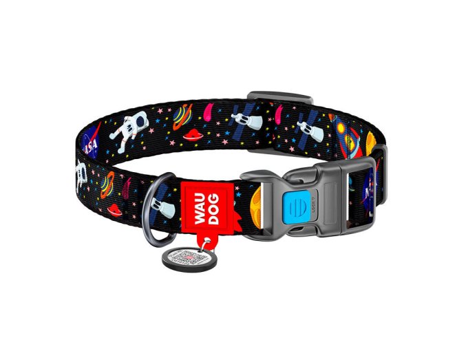 Nylon dog collar with QR code Waudog "NASA" size M