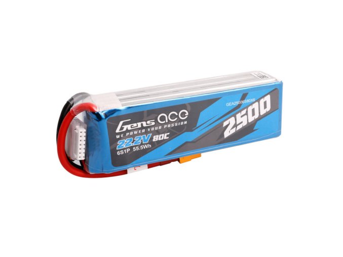 Gens ace 2500mAh 22.2V 80C 6S1P Lipo Battery Pack with XT60 plug