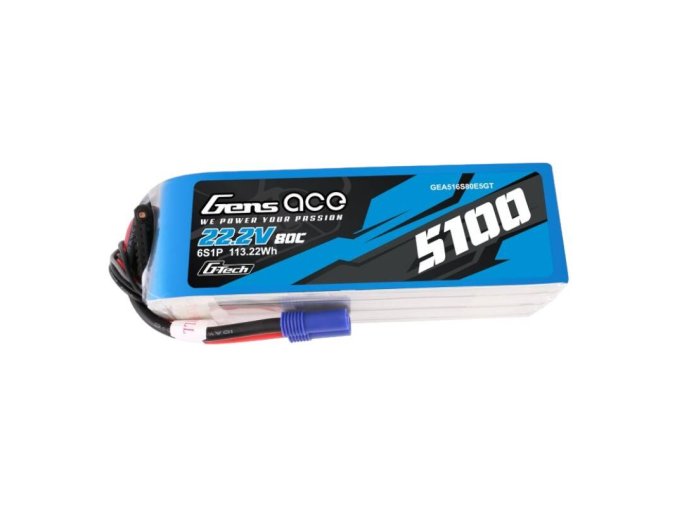 Gens ace G-Tech 5100mAh 80C 22.2V 6S1P Lipo Battery Pack with EC5 plug