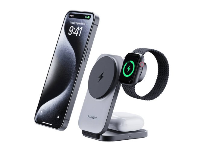 Magnetic Wireless Charger 3 in 1 MagFusion Aukey LC-MC312, 15W Qi2 (gray)