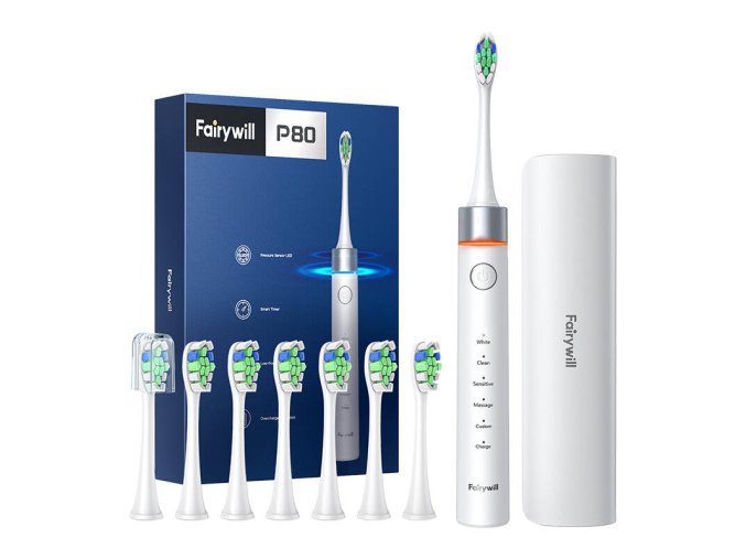 FairyWill FW-P80 sonic toothbrush with tip set and case (White)