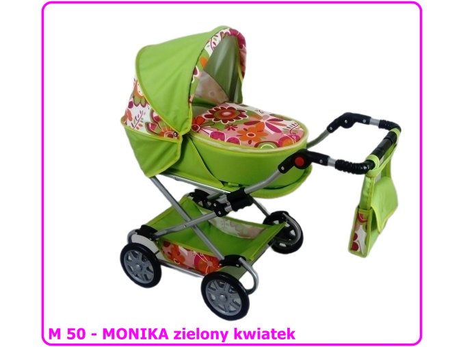 Wózek dla lalek głęboko-spacerowy MONIKA M50 zielony kwiatek