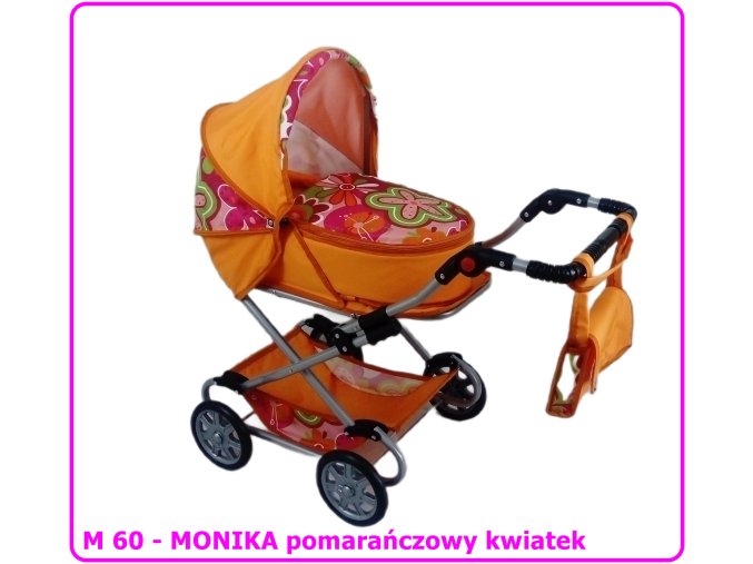 Wózek dla lalek głęboko-spacerowy MONIKA M60 pomarańczowy kwiatek