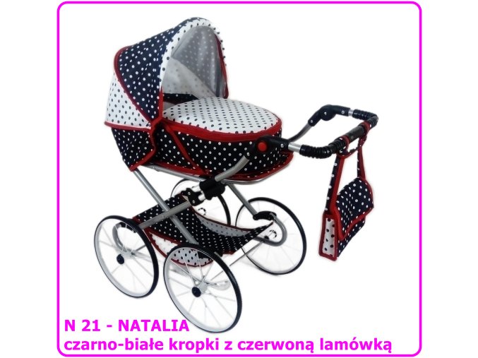Wózek dla lalek głęboko-spacerowy NATALIA RETRO N21 czarno-biały kropki z czerwoną lamówką