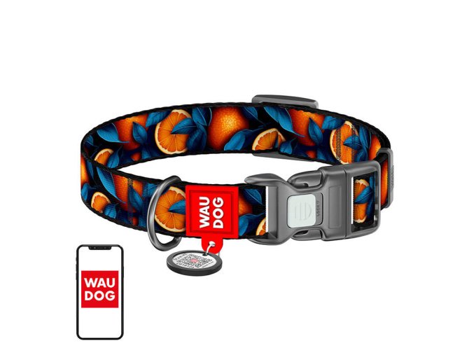 Waudog "Oranges" nylon dog collar with QR code, size XL