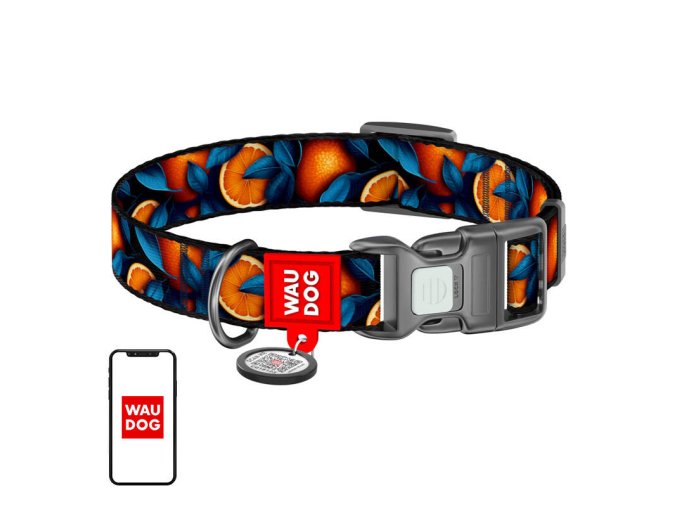 Waudog "Oranges" nylon dog collar with QR code, size S