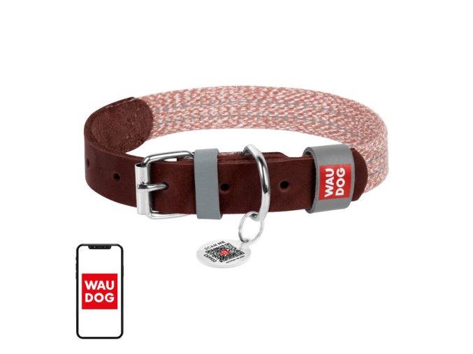 Dog collar made of natural leather and recycled material with QR code Waudog size M, width 20 mm, brown