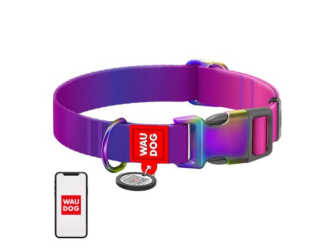 Nylon dog collar with QR code WAUDOG 15 mm wide, 25-35 cm long purple
