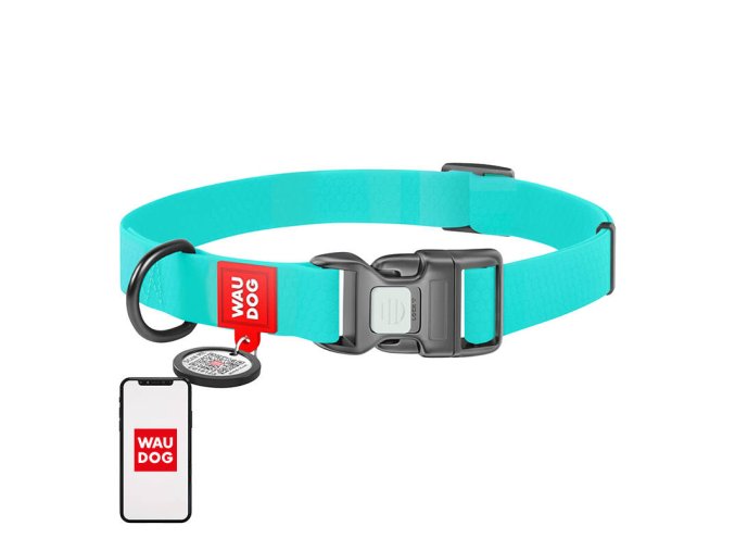 Waterproof glowing dog collar with QR passport WAUDOG 40 mm wide, 46-70 cm long