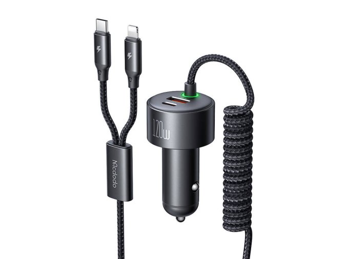 Mcdodo CC-0370 car charger, USB-C, Lightning, 120W, retractable cables