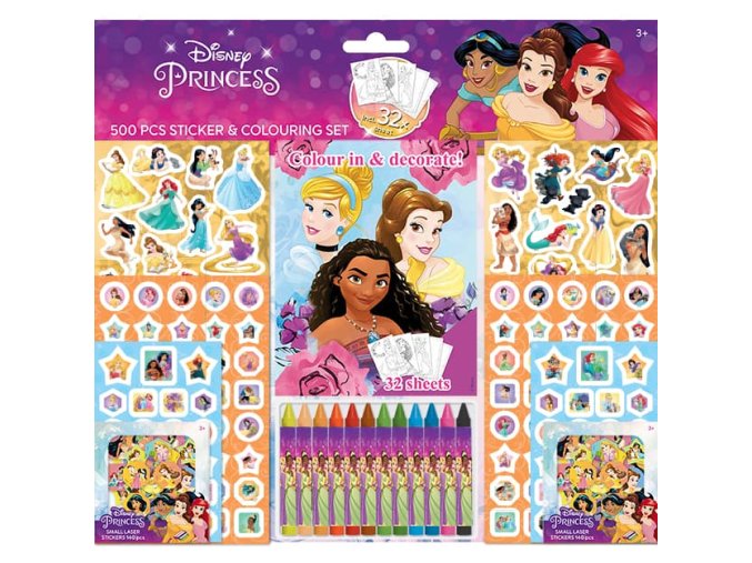 Samolepkový set s omalovánkami a voskovkami 500ks Disney Princezny